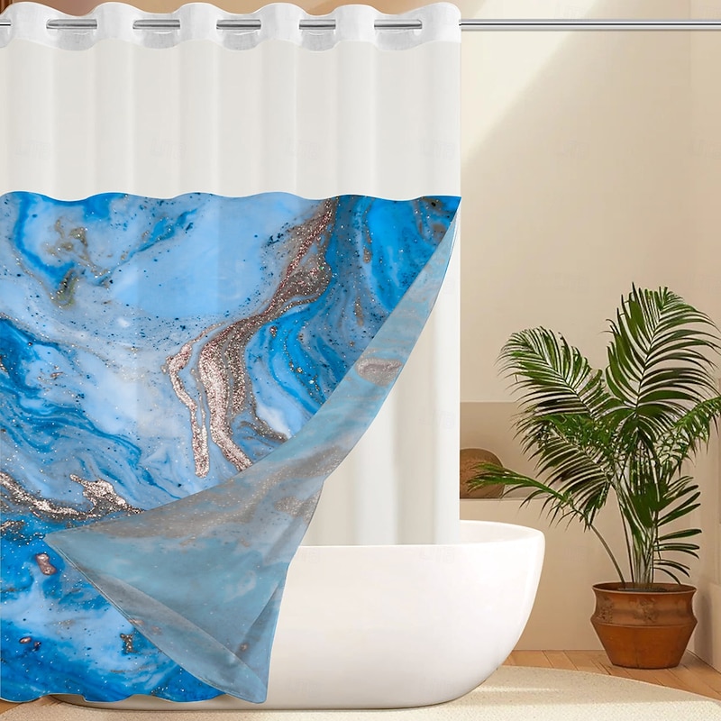 Marble Waffle-Weave Textured Shower Curtain Set with Snap-in Liner Sheer Window Water-Repellent Polyester, Grommet Top, 120GSM Hotel Quality Spa Style Bathroom Partition No Hooks Required3