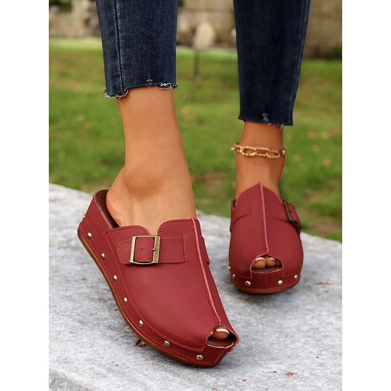 Women's Peep-Toe Wedge Mules with Buckle Straps and Studded Accents – Comfortable Slip-On Sandals for Casual Wear and Summer Outings3
