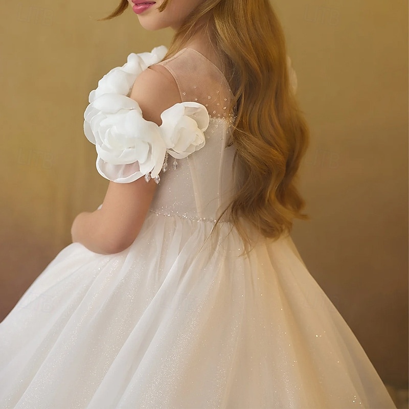 Flower Girl Dress Girls' Formal Dress First Communion Dress Party Dress Wedding Party Princess Sweet Christmas Carnival Ruched Solid Color Strapless Crew Neck White 4 years+3