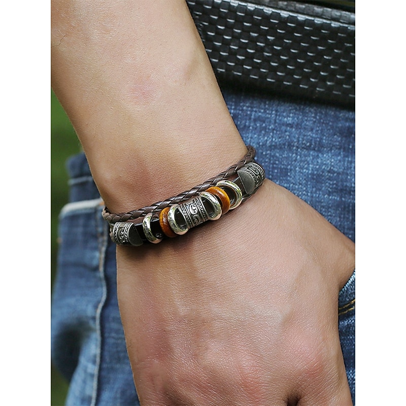 Men's Braided Leather Bracelet with Vintage Metal Beads – Bohemian Multi-Layer Design for Casual Wear, Parties and Gifts2