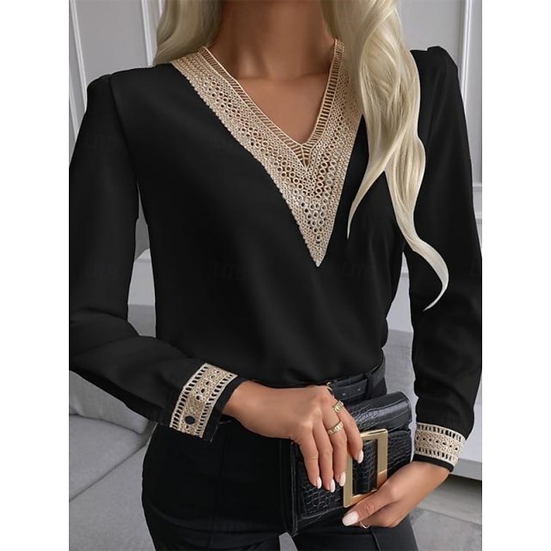 Women's Shirt Blouse Solid Color Stylish Casual Long Sleeve V Neck Regular Tops Daily Lace Patchwork Black White Summer Spring Fall4