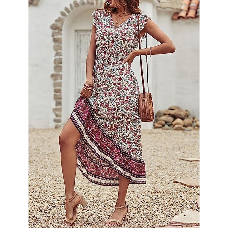 Women's Midi Dress Casual Dress A Line Dress Boho Dress Stylish Casual Vacation Daily Regular Fit Floral Short Sleeve V Neck Burgundy Summer