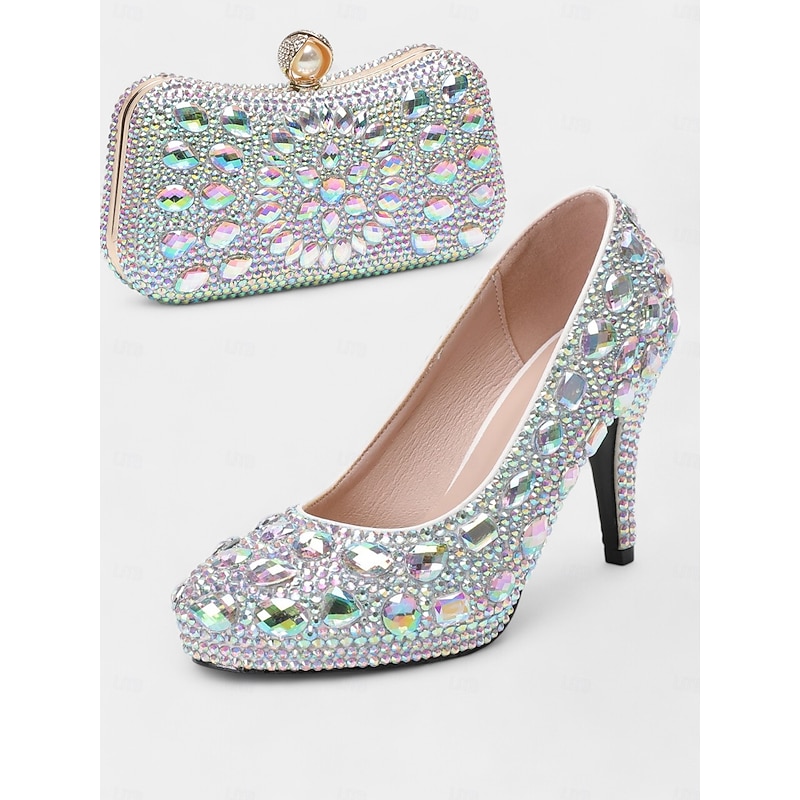 Gold Crystal-Embellished Stiletto Heels with Matching Clutch – Elegant Women's Party and Evening Set and Wedding