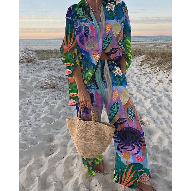 Women's Fashion Streetwear Shirt Cotton Linen Sets Two Piece Sets Linen Pants Pants Trousers Long Sleeve Shirt Collar Color Block Patchwork Daily Wear Date Pink Dark Pink Blue Spring Regular Fit