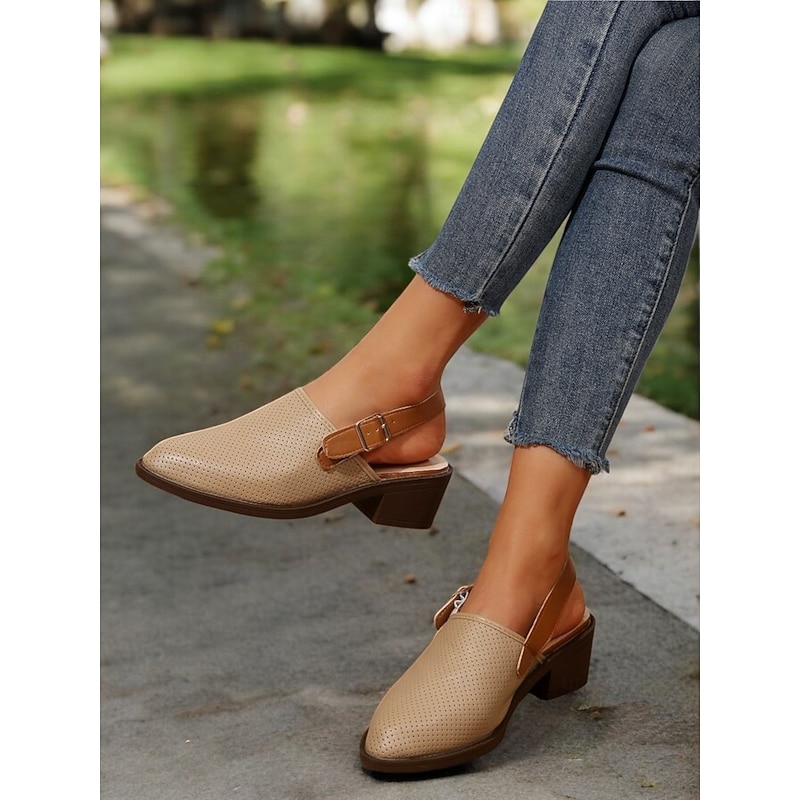 Women's Almond Perforated Slingback Sandals with Block Heel and Buckle Strap - Comfortable and Stylish Shoes for Work and Casual Outings4