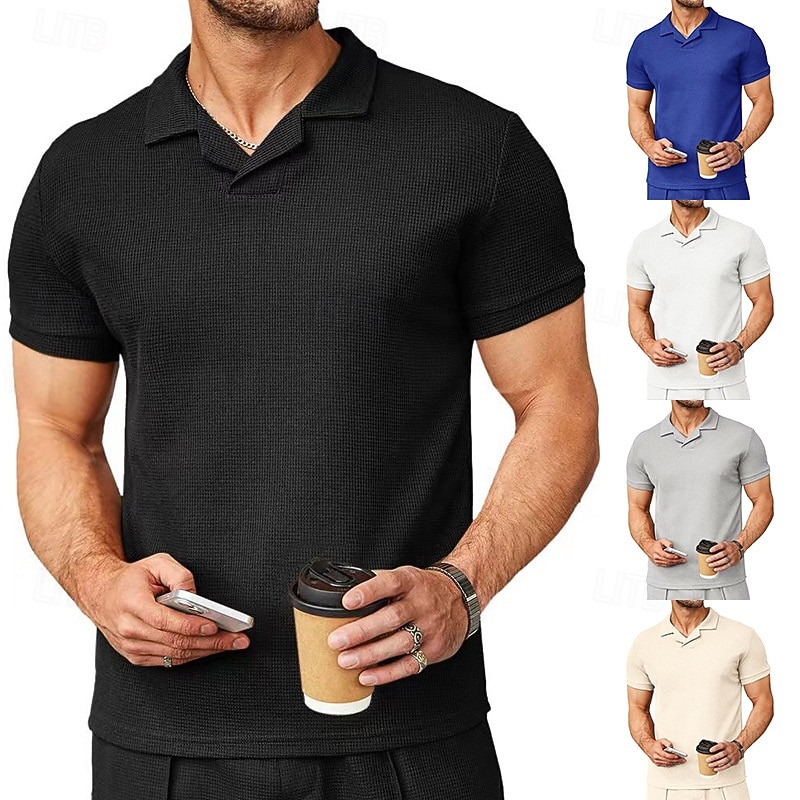Men's Golf Shirt Waffle Knit Polo Shirt Business Active Cuban Collar Short Sleeve Fashion Modern Solid Color Buttons Summer Spring Regular Fit Black White Blue Khaki Gray Golf Shirt