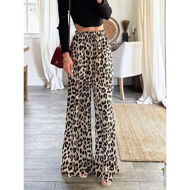Women's Wide Leg Chinos Fashion Streetwear Full Length High Waist Leopard Pocket Elastic Waistband Comfy Soft Comfortable Micro-elastic Outdoor Street Leopard Summer Spring Fall Regular Fit