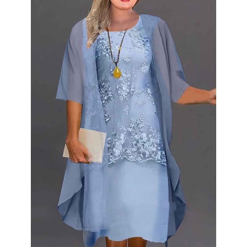 Women's Plus Size Knee Length Dress Lace Dress Dress Set Two Piece Dress Church Dress Elegant Classic Chinoiserie Formal Vacation Wedding Guest Regular Fit Pure Color Half Sleeve Crew Neck Light Blue