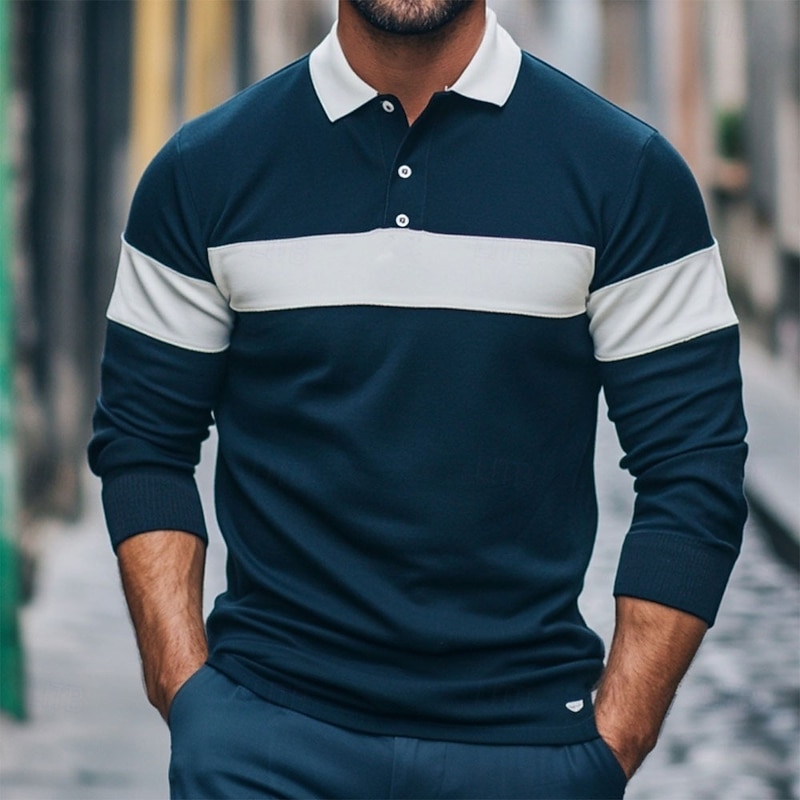 Men's Color Block Stripes Rugby Polo Shirts Long Sleeve Polo Shirts Lapel Classic Fashion 3D Print Modern Business Casual Stripe Fall Winter Navy Blue