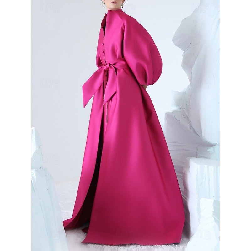 Satin A-Line Evening Gown Elegant Dress Formal Asymmetrical Long Sleeve Stand Collar Pocket with Bow(s) Pocket Dresses2