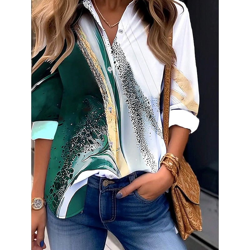 Women's Shirt Button Down Tunic Shirt Collar Long Sleeve Ombre Marble Daily Stylish Long Tops Daily s Print Green Spring3