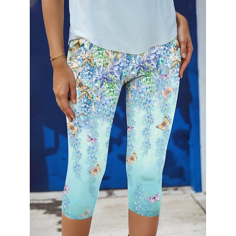 Women's Leggings Capri Pants High Elasticity Fashion Streetwear Full Length High Waist Floral Printing Thermal Warm Breathable Soft  Outdoor Daily Blue Fall Winter Regular Fit