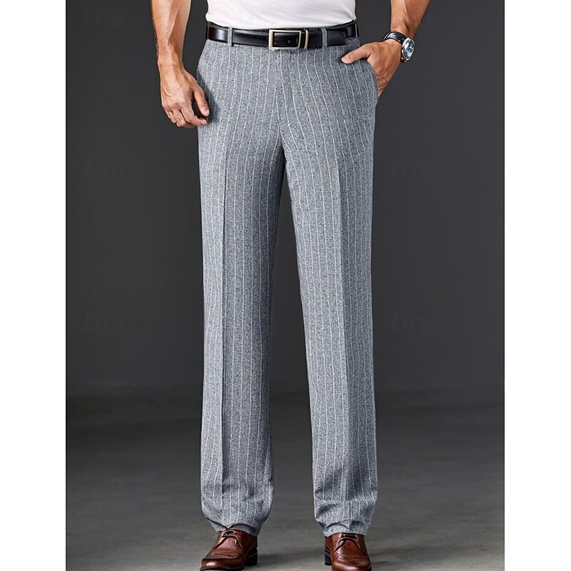 Men's Trousers Dress Pants Suit Pants Pocket Stripe Straight Leg Plain Wrinkle Resistant Breathable Full Length Formal Wedding Party Fashion Classic Style Black White4