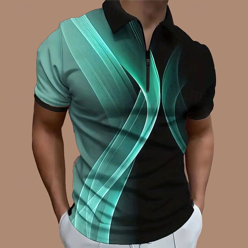 Men's Geometric Zip Polo Shirts Golf Shirt Short Sleeve Polo Shirts Collared Shirts Business Casual Vacation Wear Formal Wear Festival Wear 3D Print Quarter Zip Polo Spring & Summer Pink Blue Purple