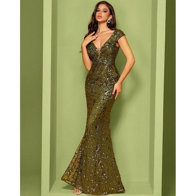Mermaid / Trumpet Evening Gown Vintage Dress Formal Prom Floor Length Sleeveless V Neck Sequined with Glitter Sequin4