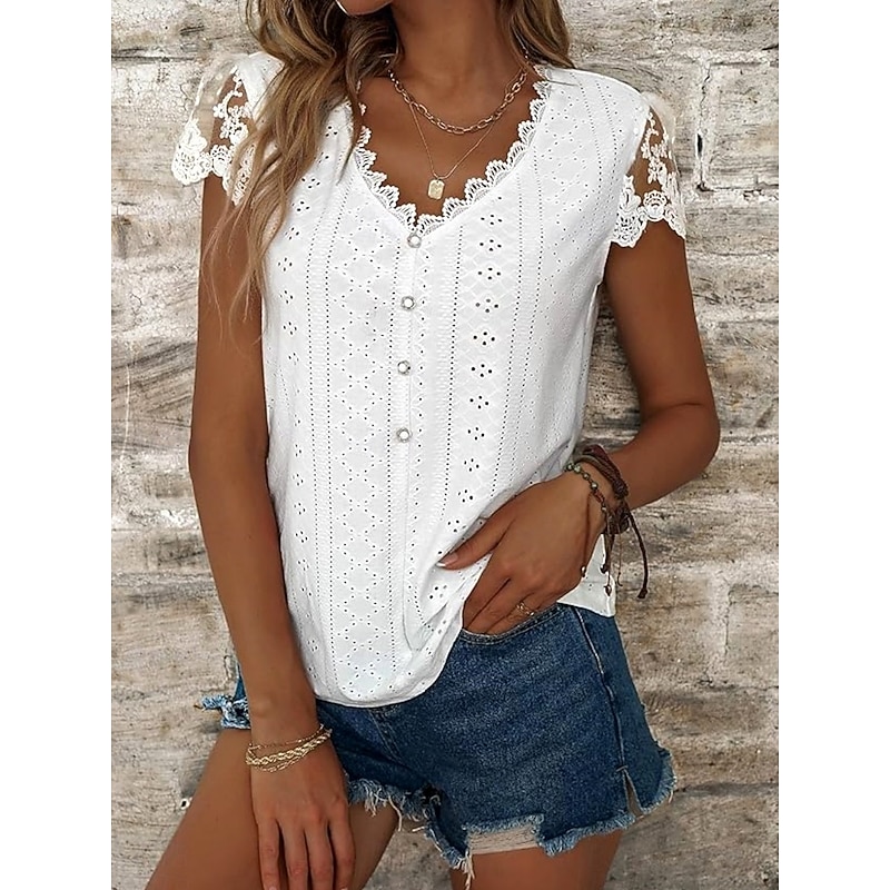 Women's White Elegant Lace Tops Eyelet Blouse Casual Solid Color Regular Tops Short Sleeve V Neck Lace Patchwork Buttons Regular Fit Daily Romantic Petite Tops Summer Holiday Wear White