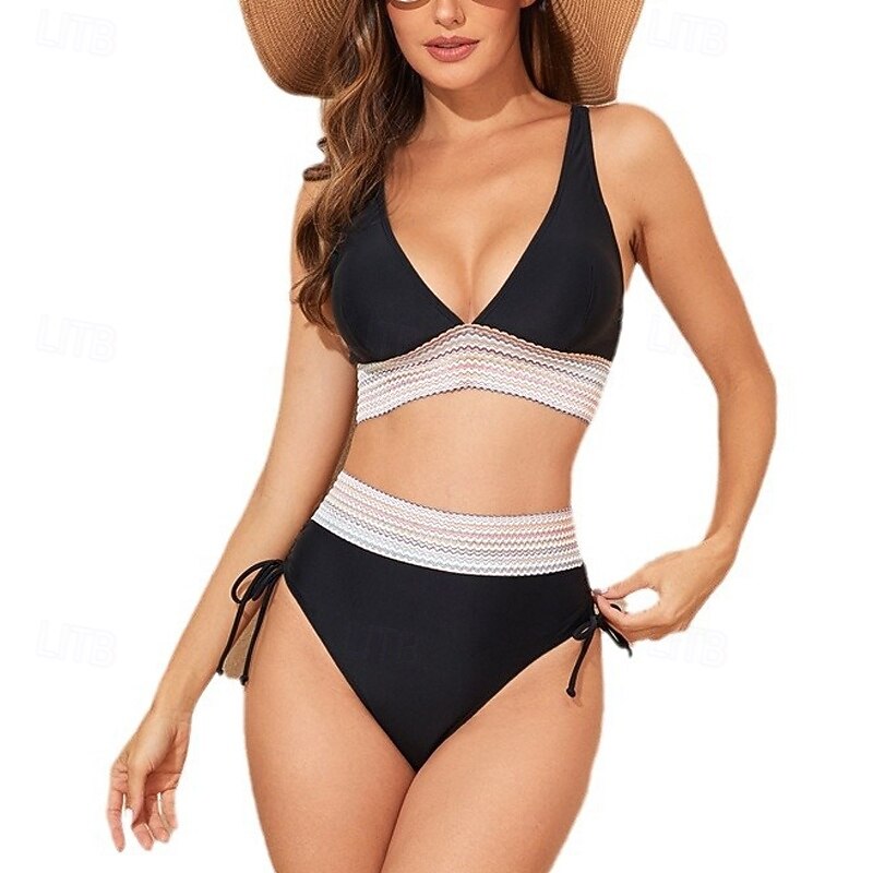 Women's Tankini Two Piece Swimsuit Deep V Racerback Swimwear Patchwork Swimwear Black Pink Breathable Quick Dry Lightweight Sleeveless - Swimming Surfing Beach Summer Spring3