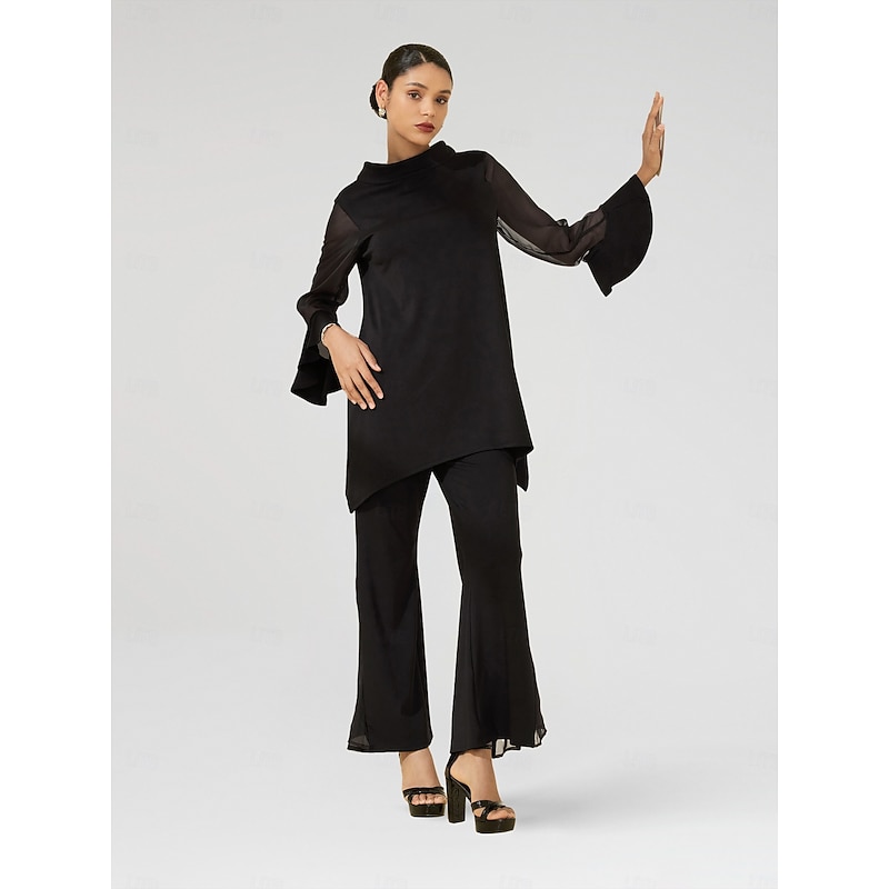Women's Wedding Guest Party Black High Neck Blouse Chiffon Modal Patchwork Flare Cuff Slim Fit Elastic Elegant Casual Office Wear3