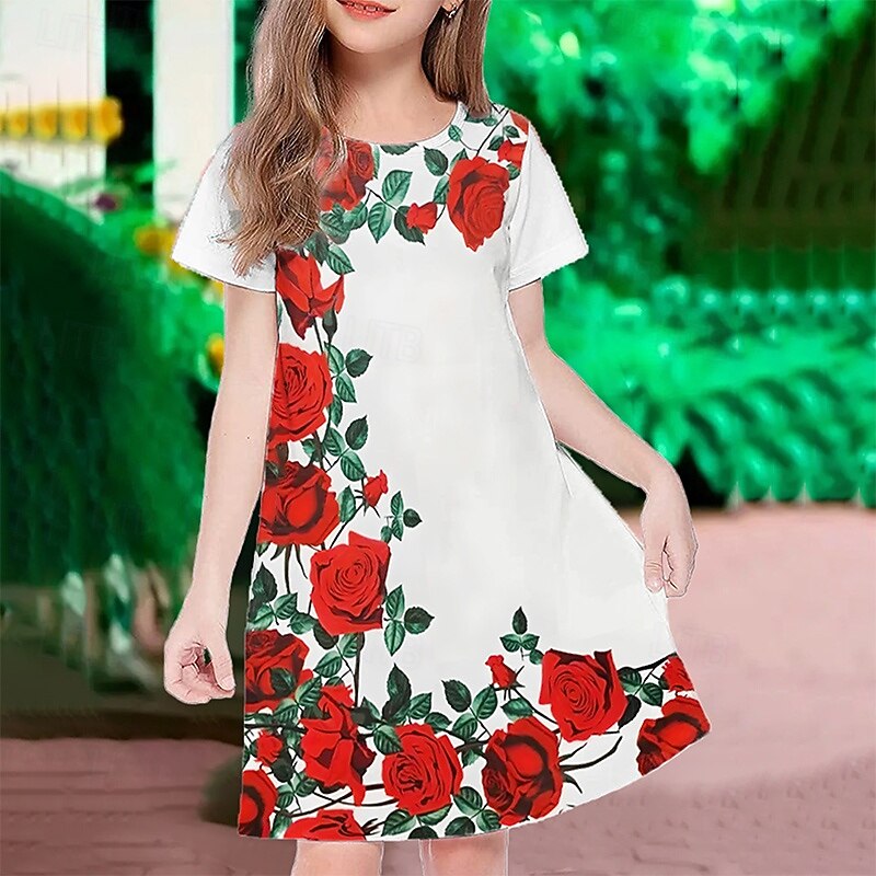 Easter Girls' 3D Floral Graphic Dress Short Sleeve Summer Spring Vacation Daily Holiday Princess Beautiful Sweet Kids 4-12 Years Casual Dress Knee-length Regular Fit