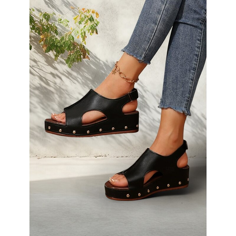 Women's Black Cut-Out Wedge Sandals with Studded Detailing and Comfortable Platform Sole - Trendy Summer Footwear for Casual and Beach Outings4