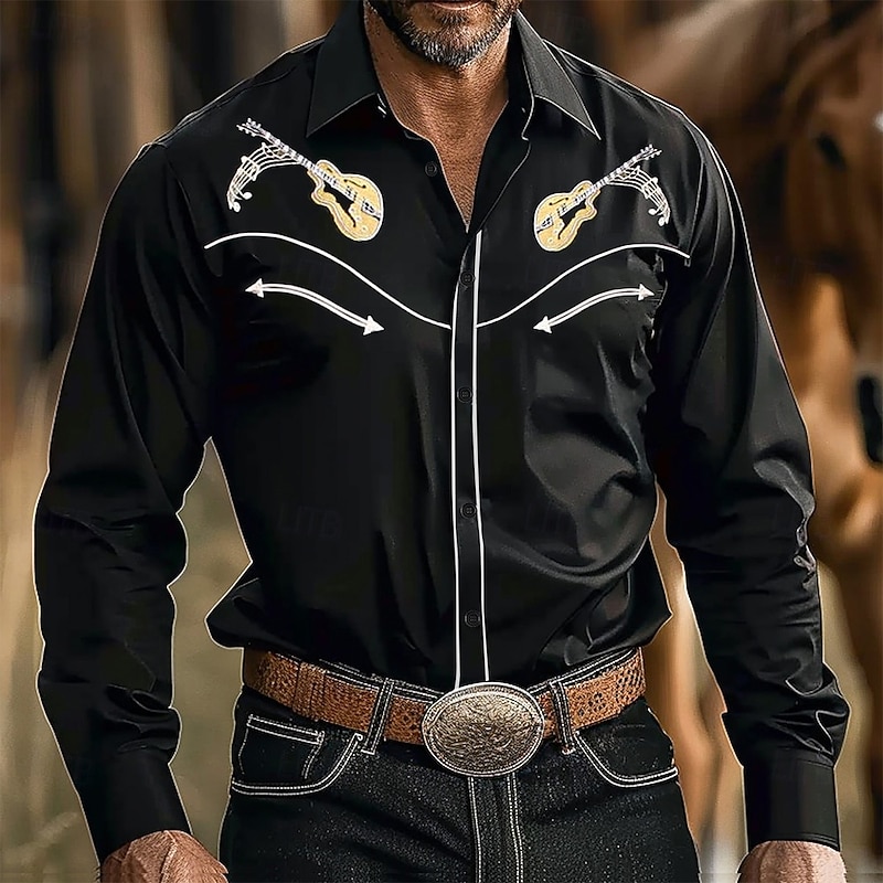 Men's Musical Instrument Western Shirt Long Sleeve Western Sports Outdoor Spring Fall Turndown Button Up Black