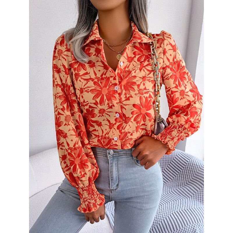 Women's Shirt Blouse Floral Stylish Casual Long Sleeve Shirt Collar Regular Tops Daily Buttons Print Blue Orange Summer Spring Fall3