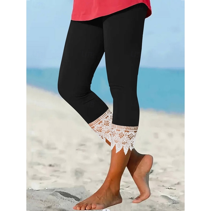 Women's Chinos Leggings Cozy Leggings Fashion Streetwear Calf-Length High Waist Plain Lace Patchwork Comfy Soft Comfortable Micro-elastic Outdoor Street Black Wine Blue Summer Regular Fit