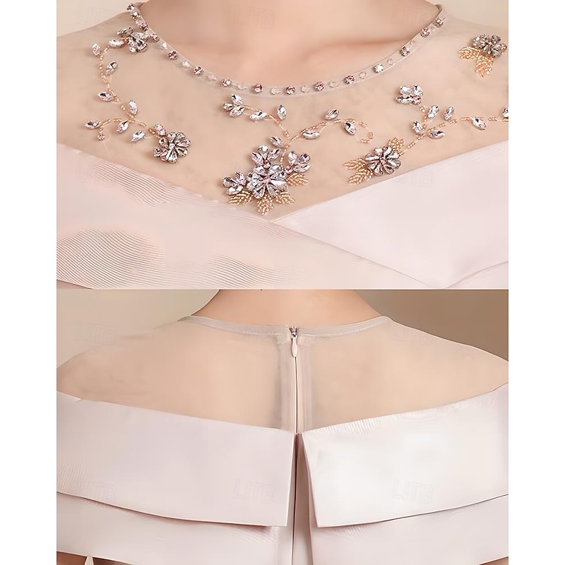 Mother of the Bride Dress Tea Length Elegant Vintage Simple Crew Neck Satin Tulle Short Sleeve with Pleats Cascading Ruffles Diamond Solid Color Race Day Dress3