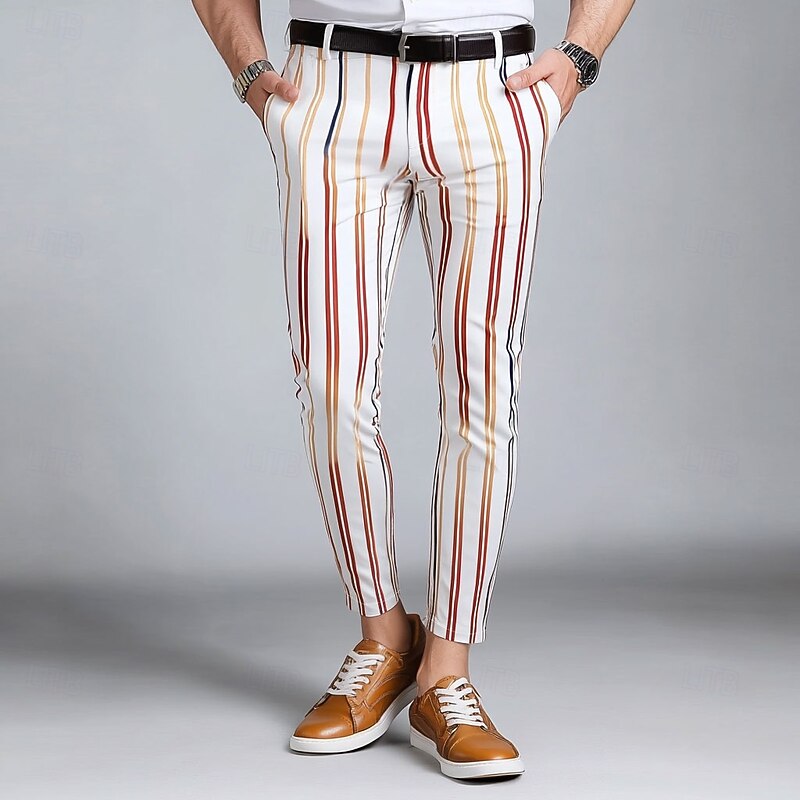 Men's Striped Colorful Dress Pants Trousers Mid Waist Business Casual Outdoor Vacation Streetwear with Pockets Slim Fit Flat-Front Summer Spring Fall 3D Print White