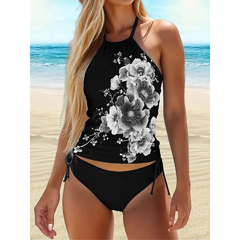 Women's Swimsuits Tankini 2 Piece Cheeky Swimsuit Backless Vacation Beach Wear Floral Halter Neck Sleeveless Bathing Suits3