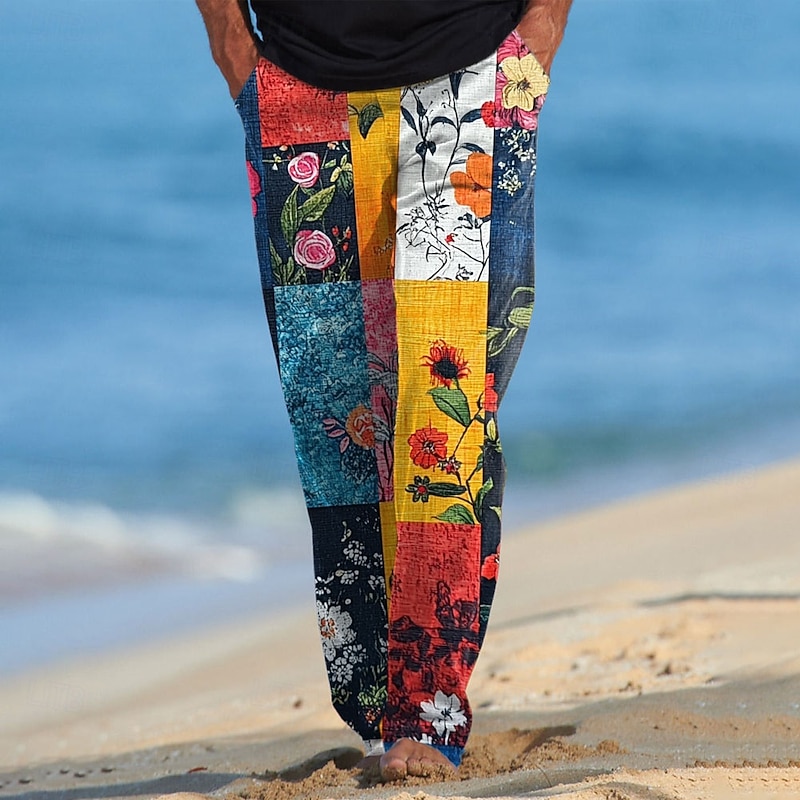 Men's Floral Color Block Patchwork Trousers Casual Pants Drawstring Elastic Waist Hawaiian Ethnic Casual Outdoor Vacation Holiday Side Pockets Straight Leg Trousers Summer Spring Fall 3D Print Black