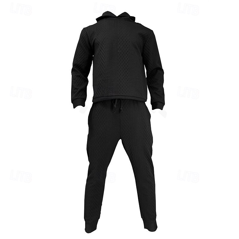 Men's Hoodie Tracksuit Sweatsuit Black White Army Green Khaki Gray Hooded Plain Jacquard 2 Piece Sports & Outdoor Daily Holiday Polyester Streetwear Basic Casual Spring &  Fall Clothing Apparel4
