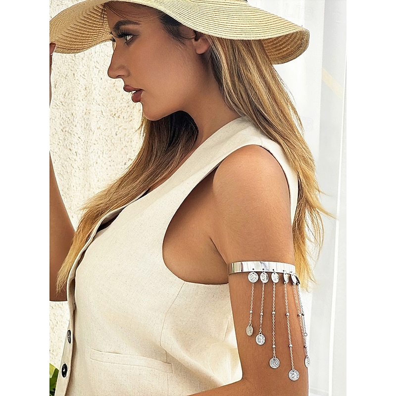 Women's Gold Chain Arm Cuff Bracelet – Elegant Adjustable Upper Arm Jewelry with Rhinestone Tassels and Dangle Chains for Parties and Special Occasions2