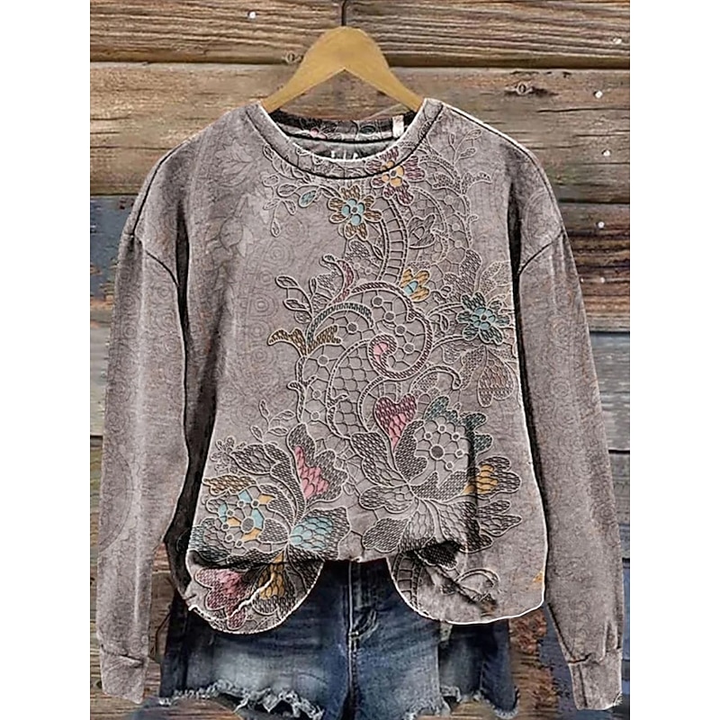 Women's Hoodies Floral Casual Long Sleeve Round Neck Regular Tops Work Dailywear Casual Print Gray Fall Winter