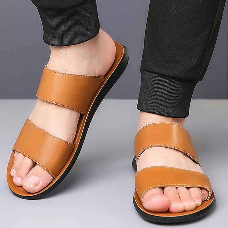 Men's Tan Faux Leather Slide Sandals – Minimalist Double Strap Design, Lightweight and Comfortable Summer Footwear for Beach and Casual Wear4
