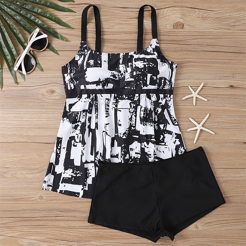 Women's Tankini Two Piece Swimsuit Swimwear Floral Swimwear Black Blue Breathable Quick Dry Lightweight Sleeveless - Swimming Surfing Beach Summer Spring Plus Size3