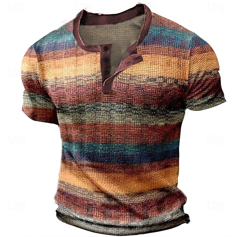 Men's Graphic Color Block Waffle Henley Shirt Tee Short Sleeve 3D Print Vintage Fashion Designer Outdoor Casual Daily Summer Blue Purple Orange Green Henley Henley T-Shirt