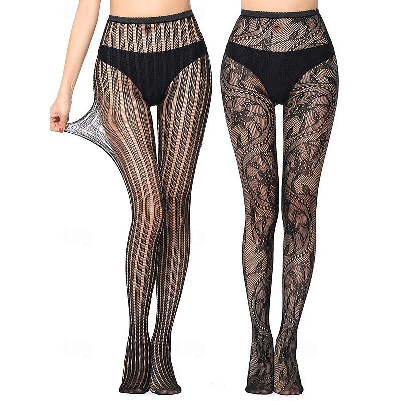 2-Pair Set Women's Lace Pattern Fishnet Tights – Chevron & Floral Design Sheer Pantyhose for Party, Clubwear and Fashion2
