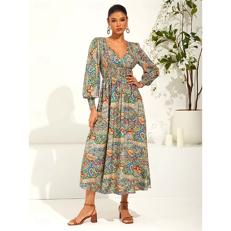 Women's Maxi Dress Ethnic Dress Swing Dress Elegant Stylish Vacation Loose Fit Graphic Paisley Long Sleeve V Neck Green Summer Spring4