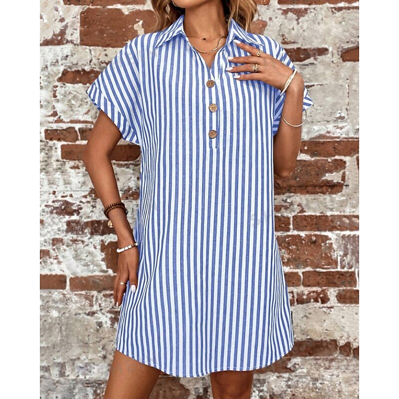 Women's Mini Dress Shirt Dress Casual Dress Summer Dress Stylish Casual Vacation Daily Date Regular Fit Stripe Short Sleeve Lapel Black Blue Summer Spring