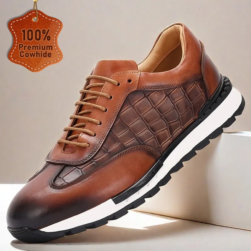 Men's Premium Cowhide Leather Sneakers - Crocodile Embossed Pattern Lace-Up Casual Shoes with Cushioned Sole for Everyday and Outdoor Wear