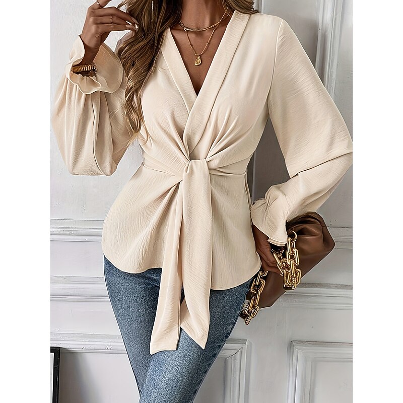 Women's Shirt Blouse Solid Color Stylish Casual Long Sleeve V Neck Regular Tops Daily Tie Front Khaki Spring Fall