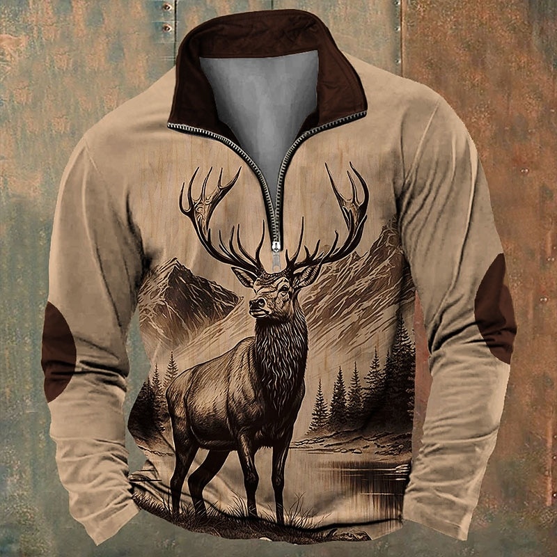 Men's Hunting Deer Sweatshirts Quarter Zip Sweatshirt Long Sleeve Sweatshirt Stand Collar Vintage Retro Western Cowboy 3D Printing Hunting Winter Spring &  Fall