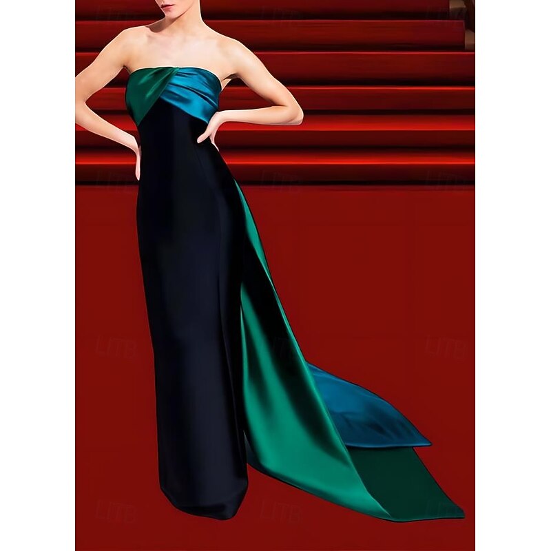 A-Line Evening Gown Celebrity Style Color Block Dress Carnival Wedding Reception Sweep / Brush Train Sleeveless One Shoulder Satin