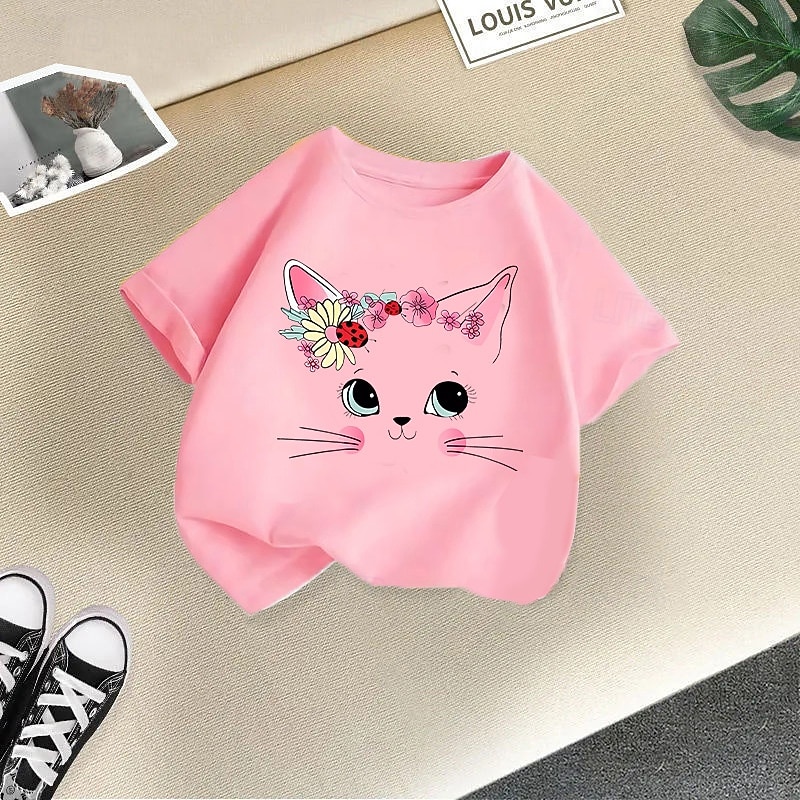Multi Packs 3 Pairs Girls' Crew Neck Short Sleeves Black+Pink+White T Shirt Cat Vacation Daily Wear Cotton Spring & Summer2