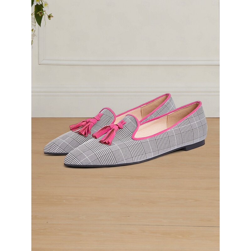 Women's Pink / Grey Plaid Tassel Loafers – Chic Vintage-Style Flats for Work and Casual Wear3