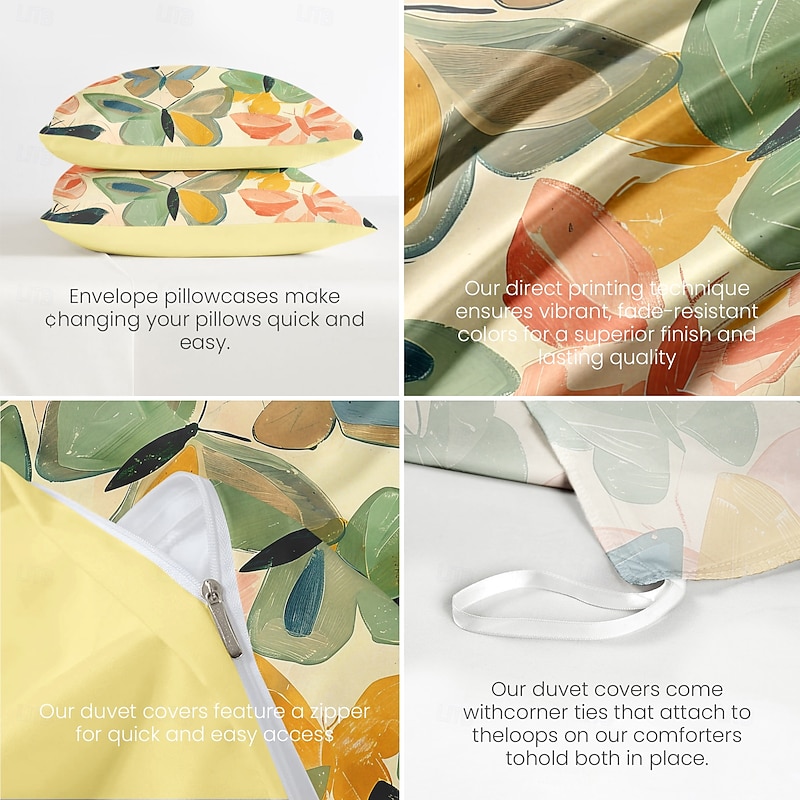 Floral Butterfly Series Duvet Cover 3-Piece Set 100% Cotton or Polyester Super Soft Skin Friendly Long Lasting3