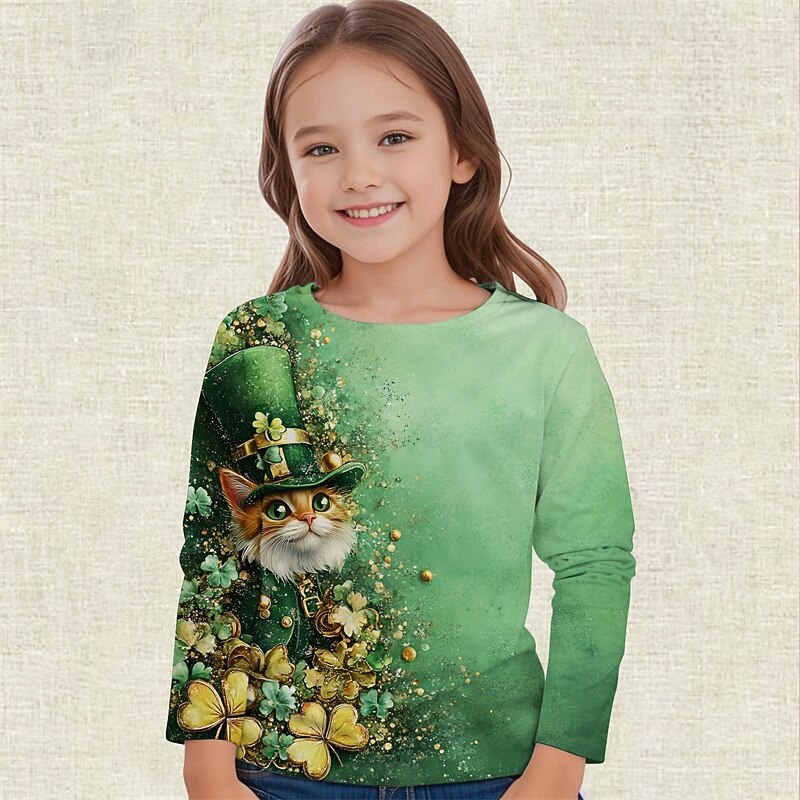 St. Patrick Girls' 3D Graphic Animal Cat T shirt Tee Long Sleeve Spring Fall Fashion Basic Kids 4-12 Years Crew Neck Outdoor Casual Daily Regular Fit2
