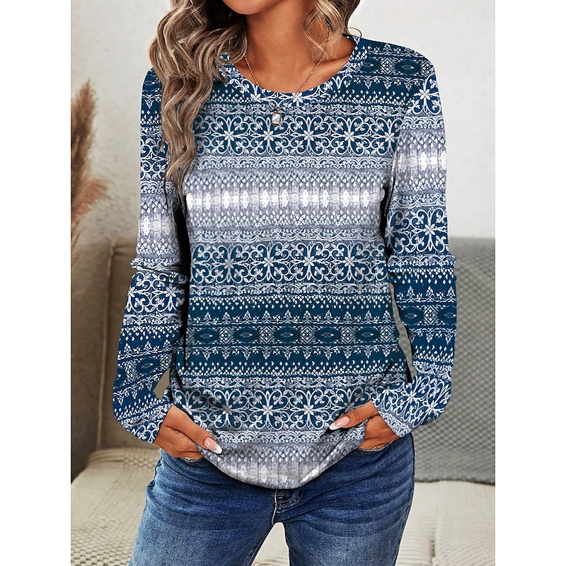 Women's T shirt Crew Neck Long Sleeve Tunic Graphic Geometric Casual  Regular Tops Daily Print Dusty Blue Spring Fall