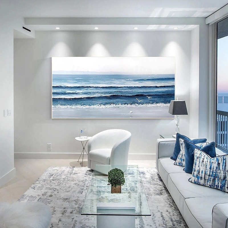 Original White Ocean Wave Art Beach Abstract Painting White Wall Art Blue 3D Texture Painting Brown Beach Wall Art Modern Pastel Room Decor3